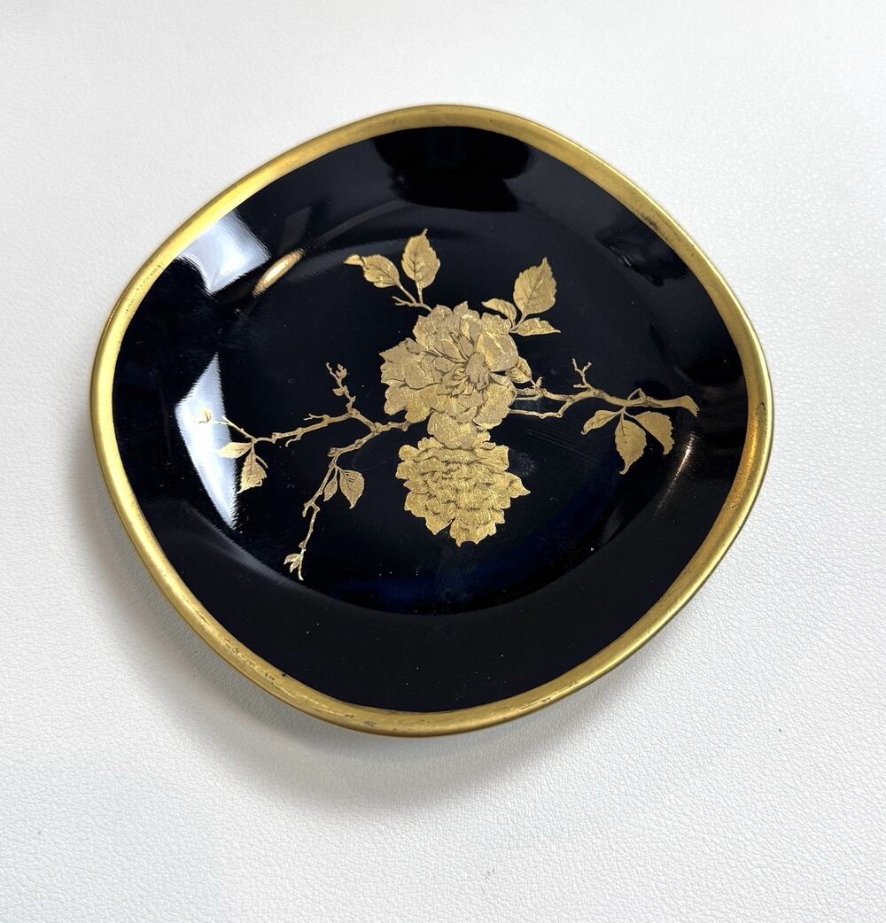 Vintage Alboth Kaiser Black Gold Rose Vanity Trinket Dish Constanze Floral 4”